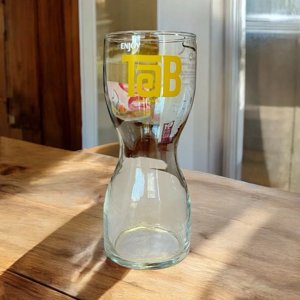 Vintage 70s TAB Soda Hourglass Glass Coca Cola Yellow Logo Retro Collect